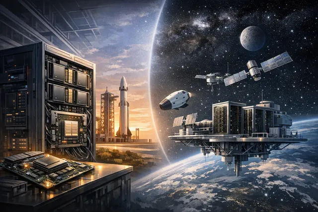 AI-generated illustration of Nvidia Vera Rubin computing hardware supporting an orbital SpaceX AI satellite