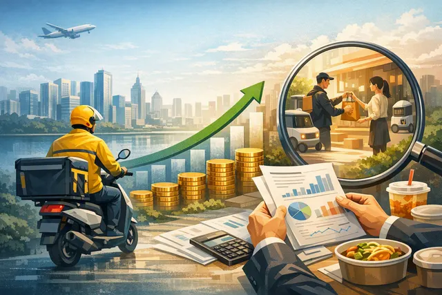 Editorial illustration of Meituan’s return to profitability as China’s food-delivery price war eases
