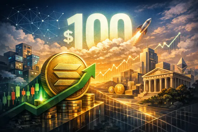 Abstract editorial illustration of Solana’s SOL token rising above the $100 level amid blockchain transaction activity and market volatility