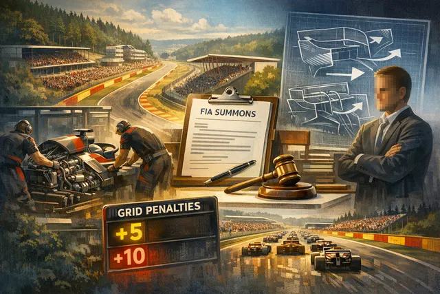 AI-generated illustration of the 2026 Belgian Grand Prix weekend at Spa-Francorchamps with grid penalty markers and Red Bull