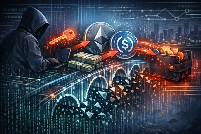 Digital illustration of a broken bridge linking glowing Ethereum and Cosmos blockchains, with a red warning indicator over a key symbol to represent the $5.4 million Gravity Bridge