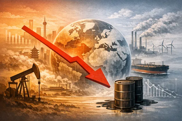 A split-view oil market concept showing a tanker stuck near the Strait of Hormuz on one side and a falling demand chart with Chinese and European flags on the other