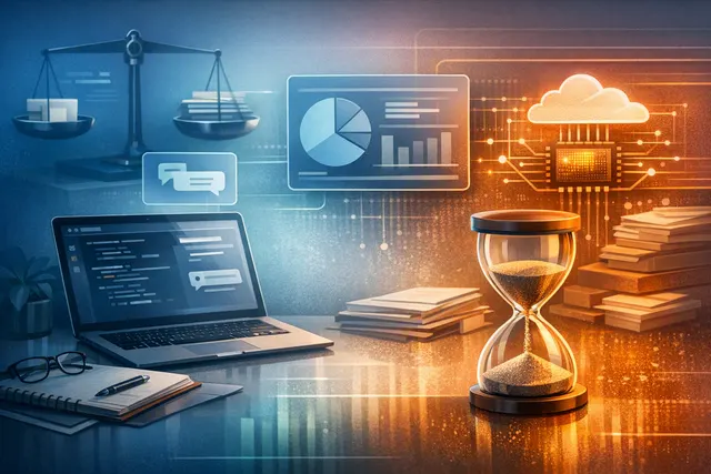 Abstract editorial illustration of a compute meter powering Gemini Notebook research, chat, video, and slide features
