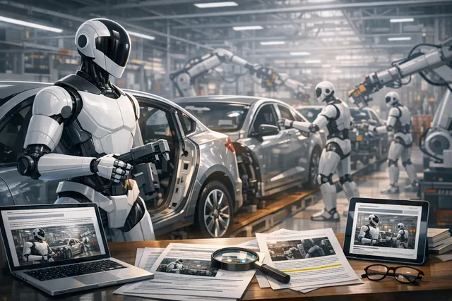 AI-generated illustration of a Xiaomi humanoid robot working on an EV assembly line, installing components with precision