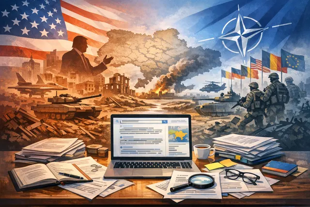 A digitally rendered image of a NATO summit table with U.S. and European flags, split down the middle by a conceptual dividing line, symbolizing the policy divide over Ukraine stra