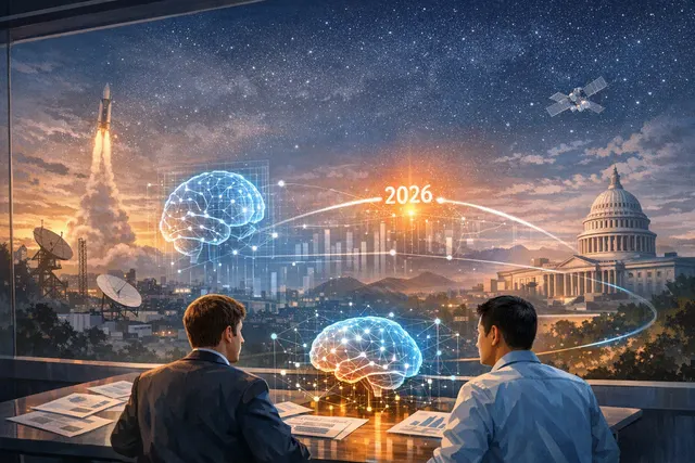 Editorial illustration of autonomous AI agents coordinating research tasks on computer screens, representing OpenAI’s Astra and its AGI forecast