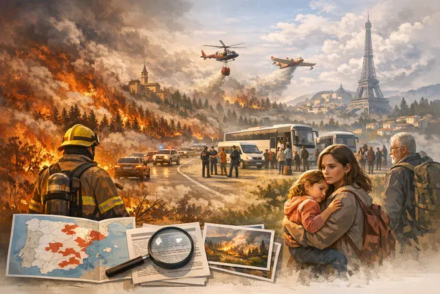 A dramatic landscape with orange smoke-filled skies, silhouetted pine trees, and a glowing horizon representing the massive wildfires during the July 2026 European heatwave crisis.