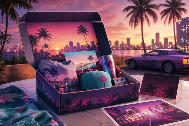 Illustrative artwork evoking Vice City-themed GTA VI creator merchandise packages