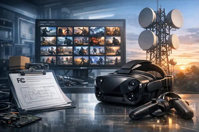Editorial illustration of Valve’s upcoming Steam Frame VR headset surrounded by virtual reality game imagery