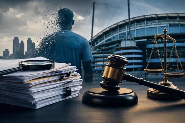AI-generated editorial illustration accompanying coverage of Manchester City’s Premier League financial charges