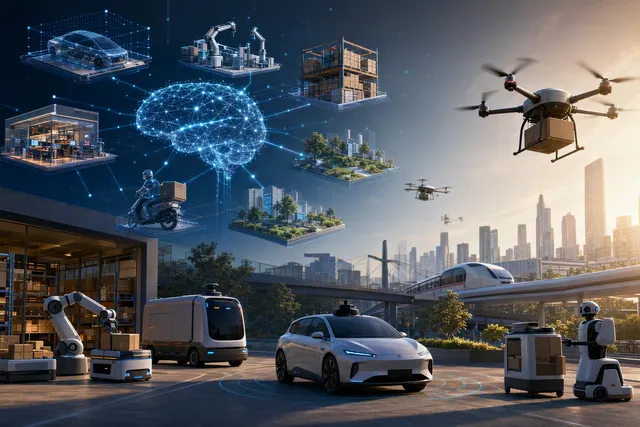 Editorial illustration of Chinese internet companies expanding AI into robots, autonomous delivery and mobility infrastructure