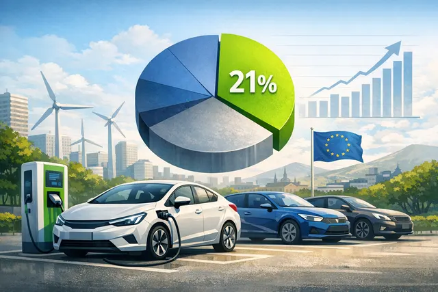 Electric vehicle charging station in a European city at dusk with multiple BEVs plugged in, illustrating accelerating EV adoption in the EU market