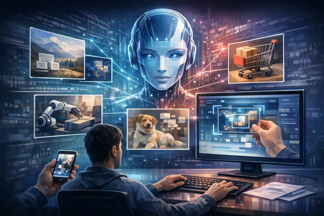 Abstract editorial illustration of an AI agent analyzing a computer screenshot with visual data overlays