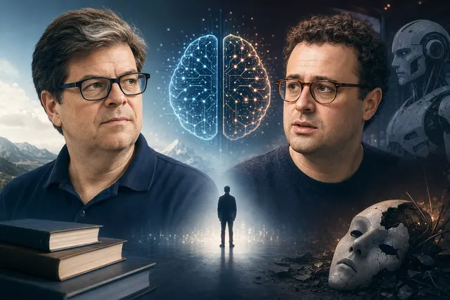AI-generated editorial image representing debate over AI risk and autonomous agents