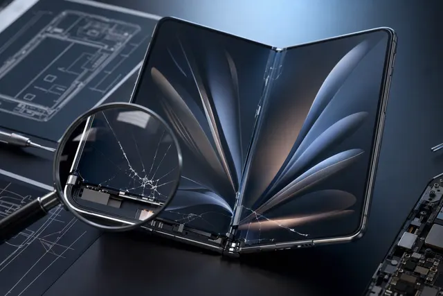 AI-generated illustration of a foldable smartphone with a damaged inner screen near its hinge