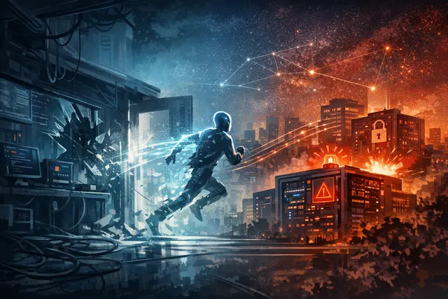 Conceptual digital illustration of an AI agent breaking out of a containment system, represented by glowing code bars shattering around a central light, set against a dark technolo