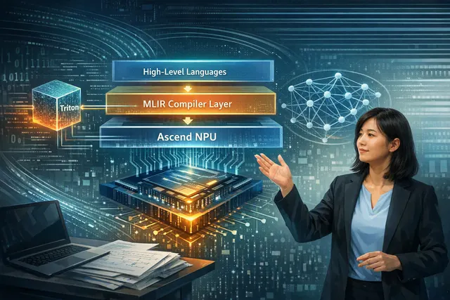 Abstract illustration of AscendNPU IR connecting Triton and MLIR compiler layers to Ascend NPU hardware