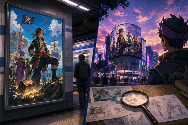 AI-generated editorial illustration for Fortnite’s rumored anime-pirate mini-season; not an actual image of the Madrid posters.