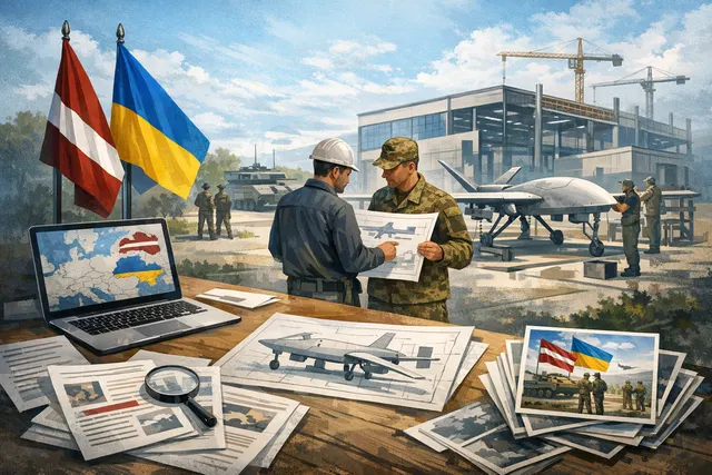 AI-generated conceptual image of a drone factory and defense technology near a border.