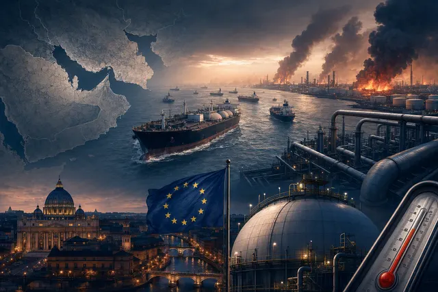 AI-generated editorial illustration about the Strait of Hormuz disruption and European energy markets