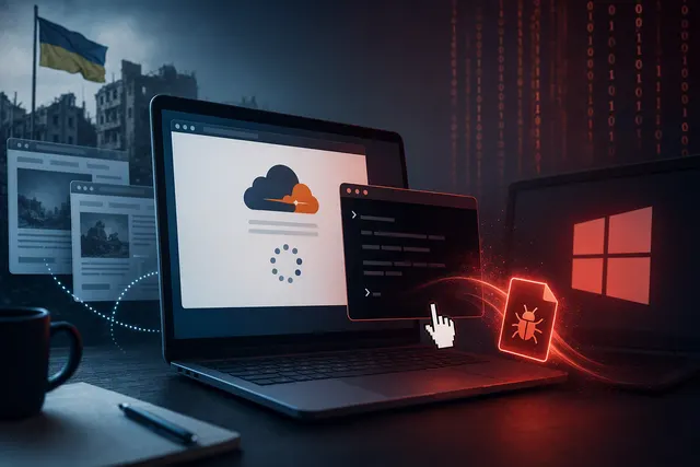 Editorial illustration about fake Cloudflare verification pages and Windows ClickFix malware