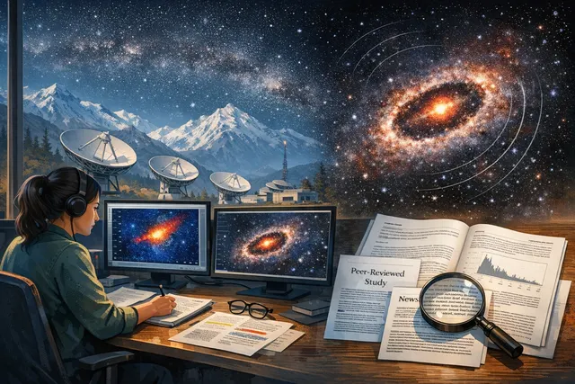 Illustration of a bow-and-arrow radio galaxy with a bright arc (bow) on one side and an S-shaped tail (arrow) on the other, set against a cosmic background.
