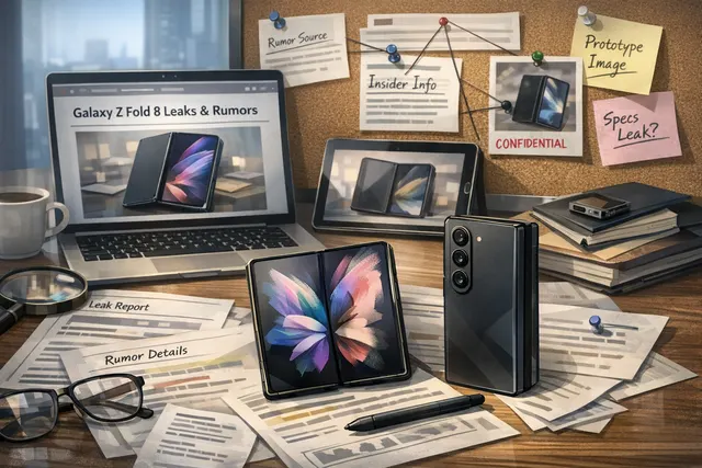 AI-generated concept image of the Samsung Galaxy Z Fold 8 series, showing three foldable phone models in a lineup