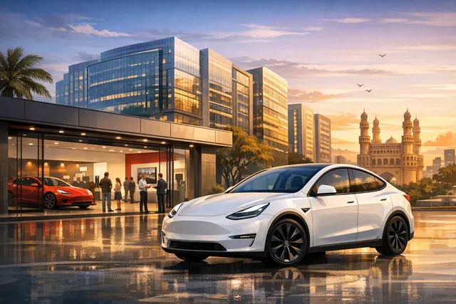 Tesla Model Y vehicles displayed outside a new Hyderabad Experience Centre in India