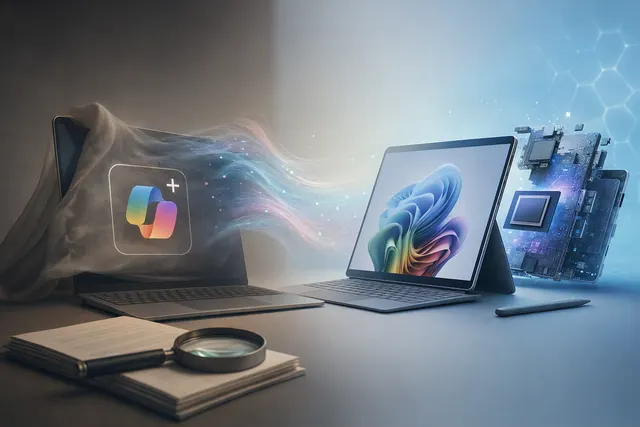 AI-generated editorial illustration accompanying a story about Microsoft Surface and Copilot+ PC branding