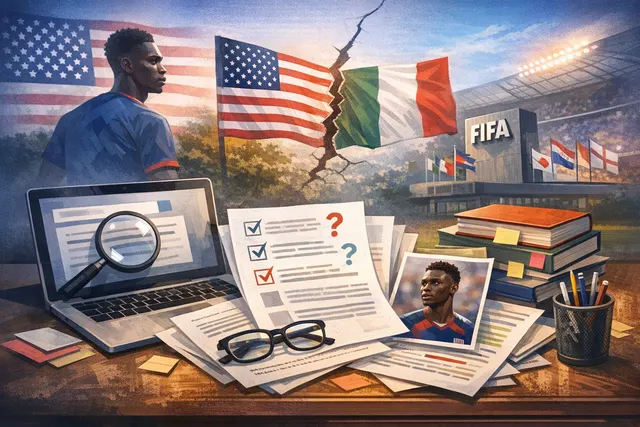 Folarin Balogun in USMNT jersey with a red card overlay, representing the controversy at the 2026 World Cup