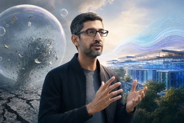 Editorial illustration of Google CEO Sundar Pichai discussing large-scale AI infrastructure investment and Gemini models