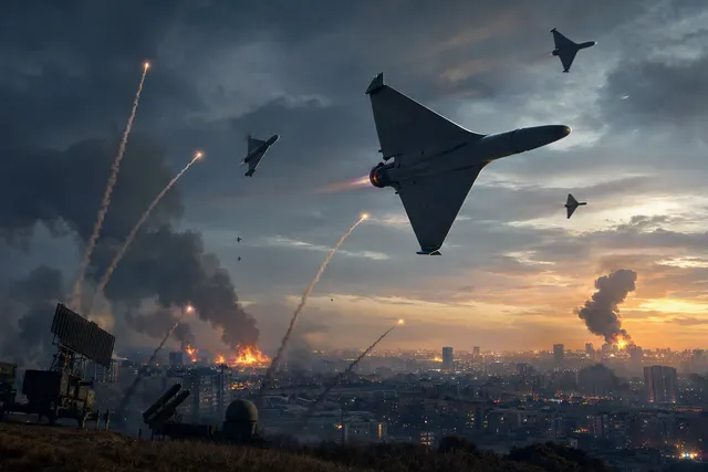 Illustration of jet-powered drones and air-defense interceptors over Ukraine