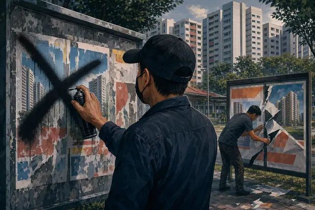 AI-generated illustration accompanying a report on damaged advertising posters at Singapore BTO estates