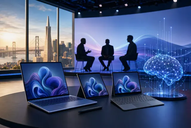 Editorial illustration for Microsoft’s Windows and Surface event focused on local AI