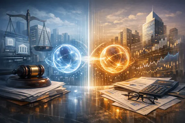 Abstract editorial illustration of AI agents connecting legal and financial enterprise workflows