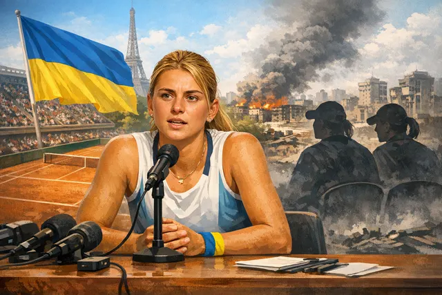 Marta Kostyuk speaking emotionally during her French Open 2026 post-match press conference after her quarterfinal win against Elina Svitolina at Roland Garros.
