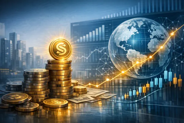 Abstract visualization of stablecoin liquidity flowing through crypto markets alongside Bitcoin and Ethereum market signals