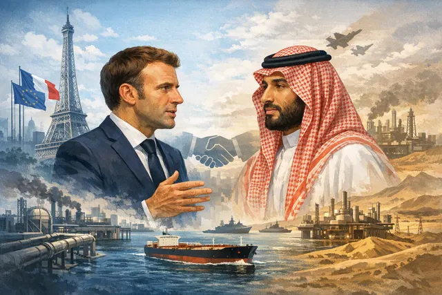Illustration of Emmanuel Macron and Mohammed bin Salman discussing energy routes and Strait of Hormuz security in Paris