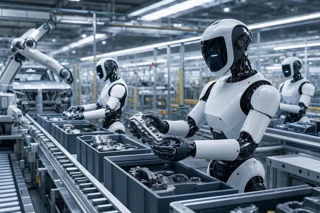 AI-generated editorial illustration accompanying a report on Dongfeng’s factory humanoid robot and service robot dog