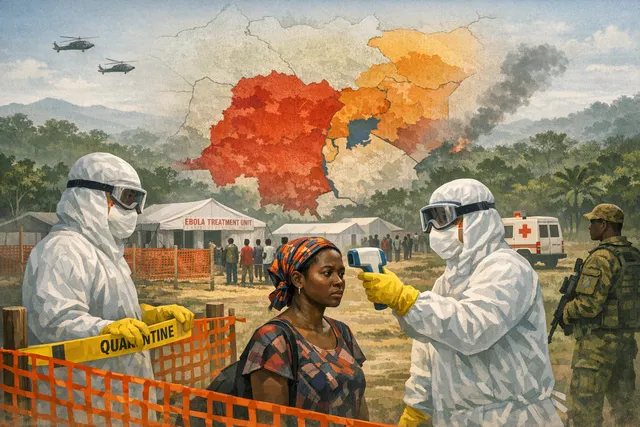 Healthcare worker in protective gear walking near a tented Ebola treatment unit in eastern DRC during the 2026 Bundibugyo outbreak.