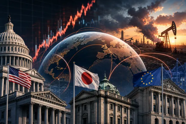 Illustration of rising global bond yields and financial markets reacting to inflation and oil price shocks