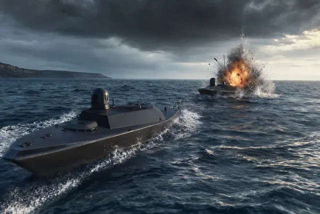 Editorial illustration of an unmanned surface vessel operating in the Black Sea