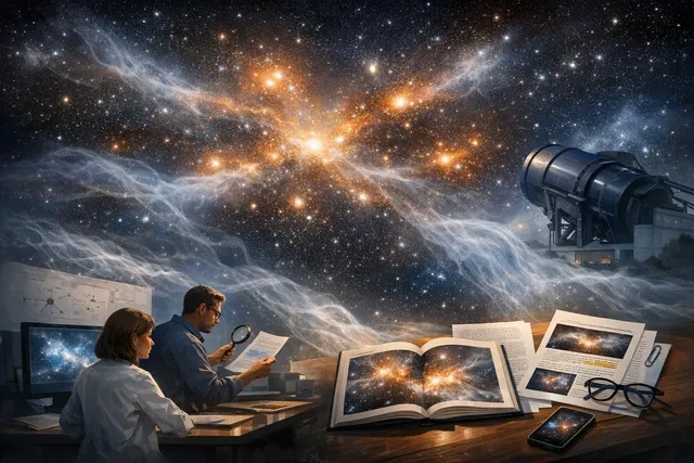 Artistic visualization of fast radio burst traveling through diffuse gas clouds surrounding galaxy groups, representing the detection of missing baryonic matter