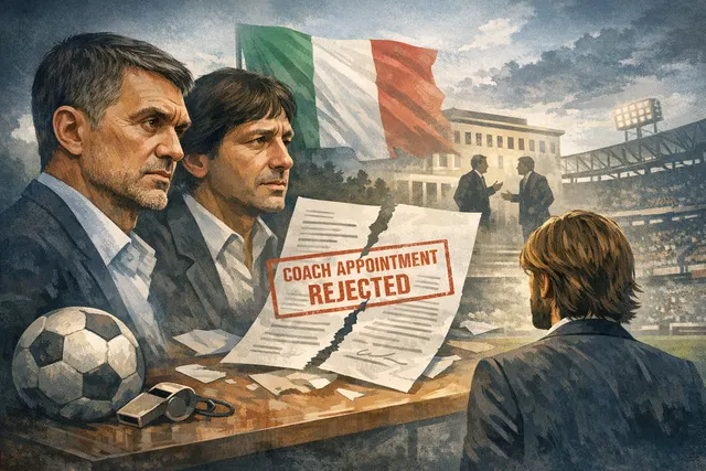 A dramatic digital illustration showing Paolo Maldini and Leonardo walking away from a football pitch, silhouetted against a backdrop of FIGC logos and the Italian flag, symbolizin