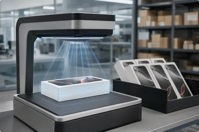 AI-generated illustration of a sealed iPhone box being checked with a scanner
