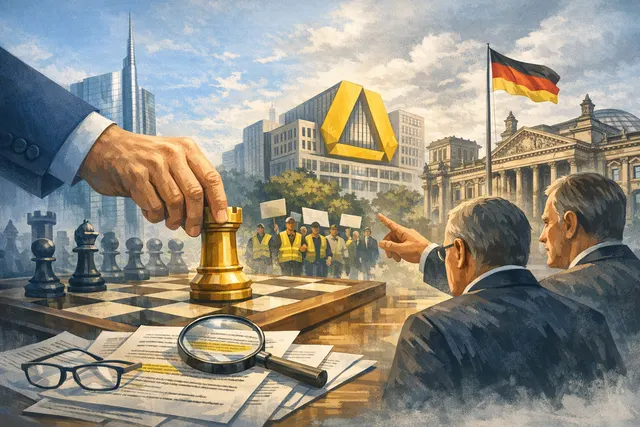 A visual representation of the UniCredit-Commerzbank merger deal, with bank logos and financial charts.