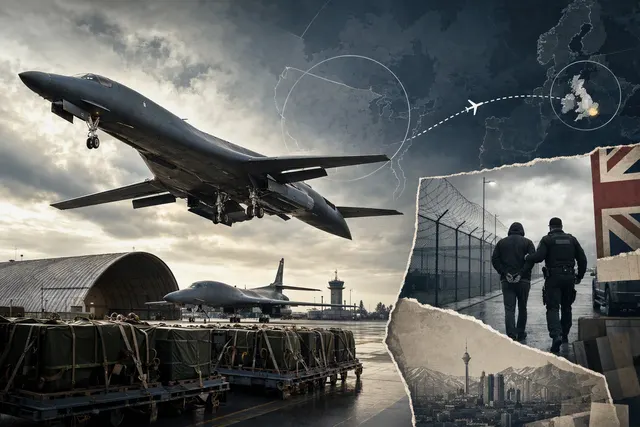Editorial illustration of B-1 bombers departing RAF Fairford, representing the U.S. withdrawal and the unresolved security investigation.