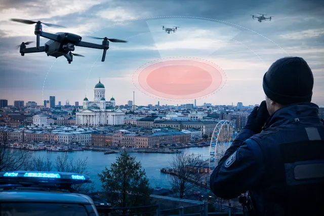 Illustration of a drone alert over Helsinki with fighter jets responding above the city skyline