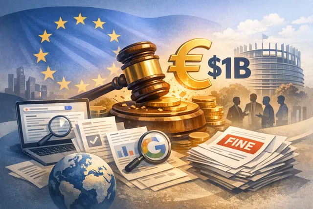 EU flag and Google logo with a euro symbol and dollar sign, representing the €890 million fine and transatlantic trade tensions