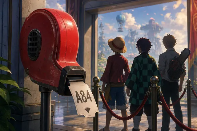Illustration of a red ticket dispenser issuing a numbered stub, representing Fortnite’s “please take a number” reply and the resulting anime crossover speculation.